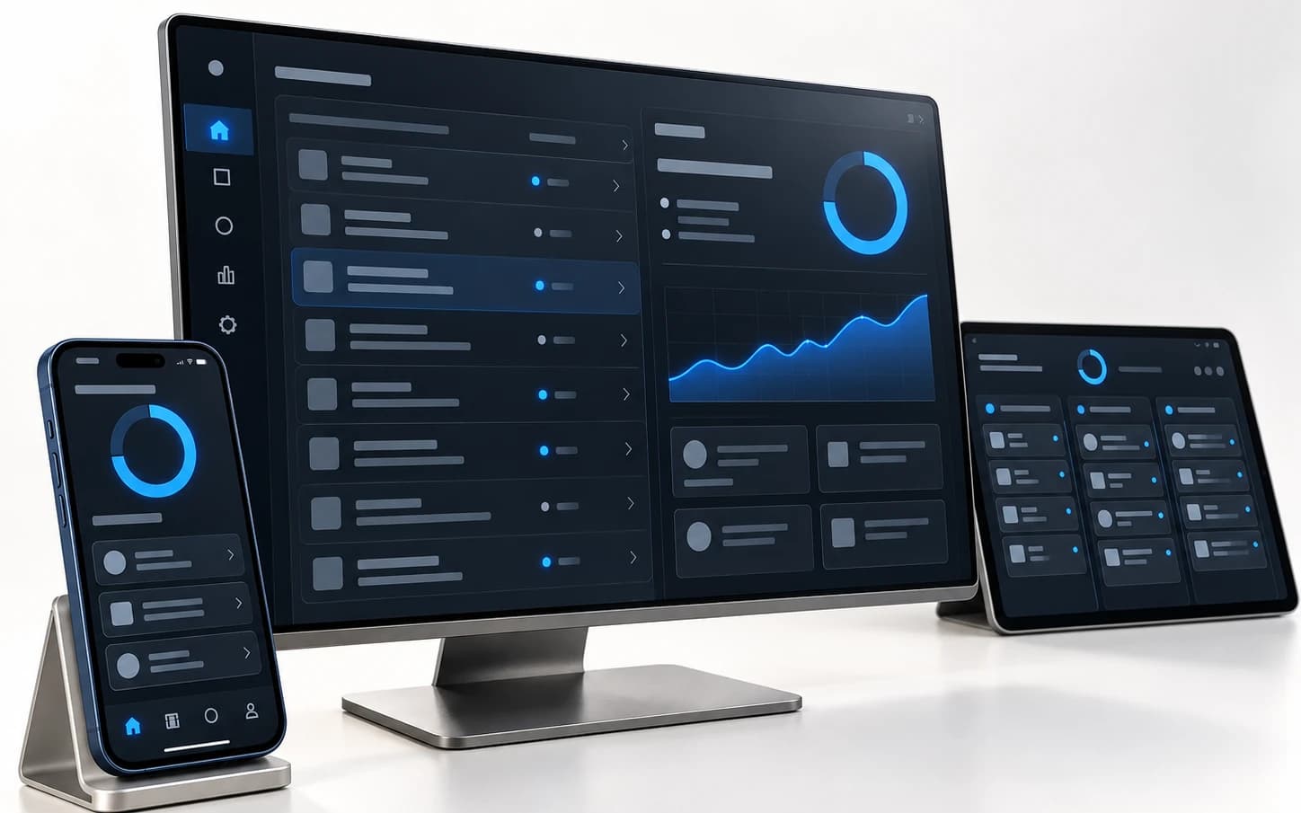 One product interface designed across a phone, a desktop monitor and a tablet.