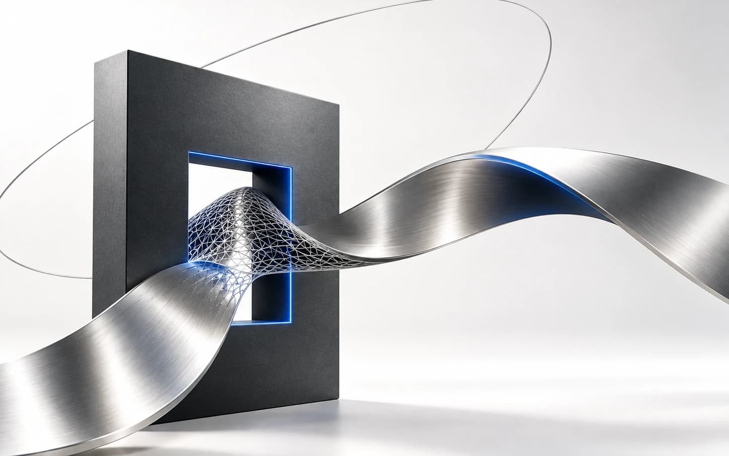 A brushed-steel ribbon passing through a glowing frame, turning into a wireframe mesh where it crosses.