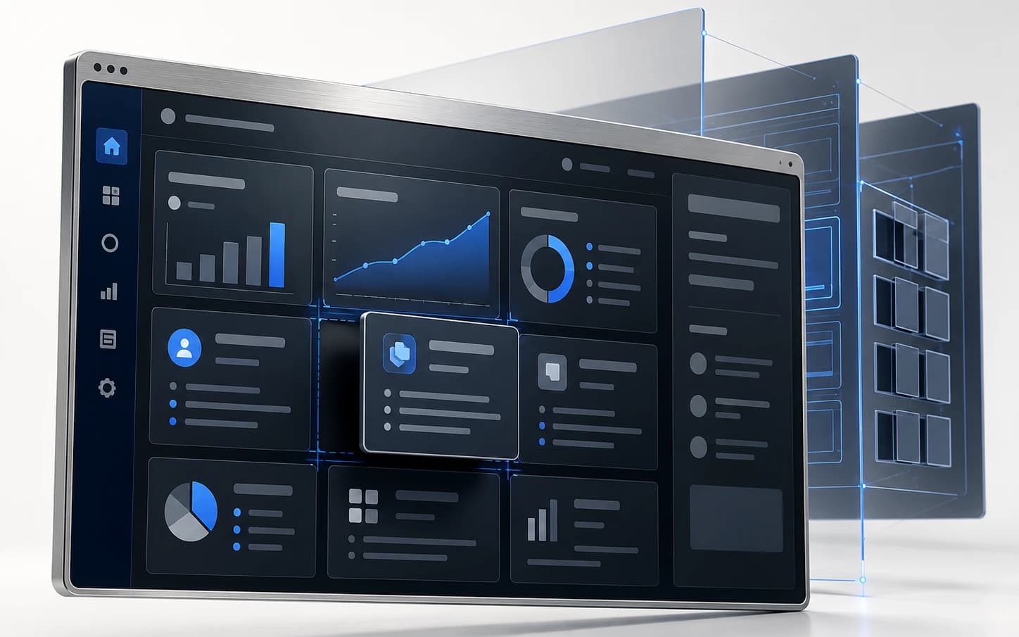 A product dashboard in a brushed-metal frame, with the layers of its interface drawn out behind it.