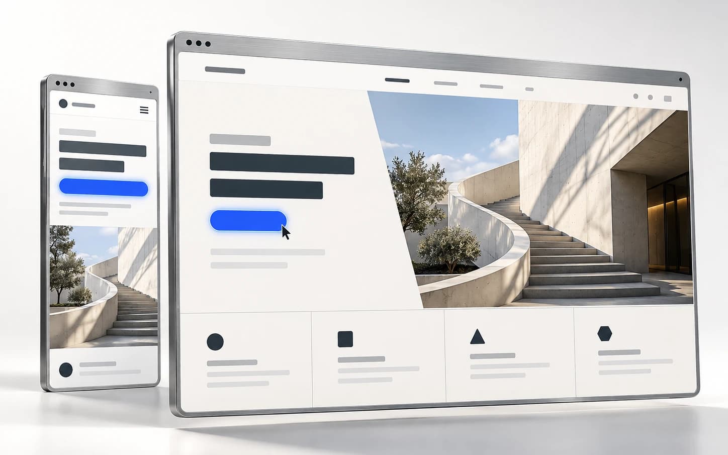 A website shown on desktop and mobile, its hero photograph of a curved concrete staircase adapting to each screen.